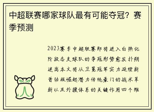 中超联赛哪家球队最有可能夺冠？赛季预测